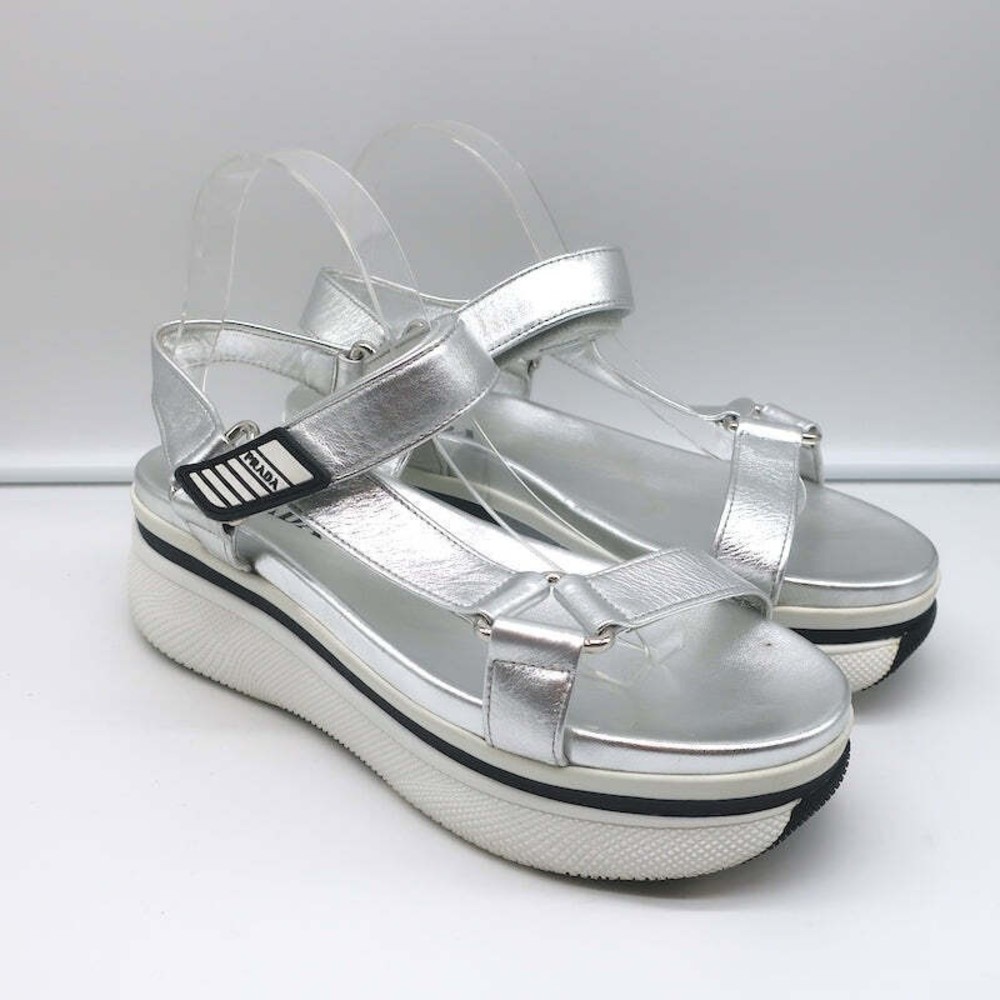 Prada Platform Ankle Strap Sandals Silver Metallic Leather Size 41